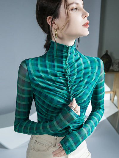 Long Sleeves Skinny Contrast Color Plaid Pleated Split-Joint High-Neck Blouses&Shirts Tops