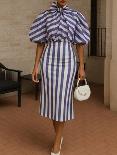 Puff Sleeves Bowknot Pleated Split-Joint Striped High Neck Blouses&Shirts Tops