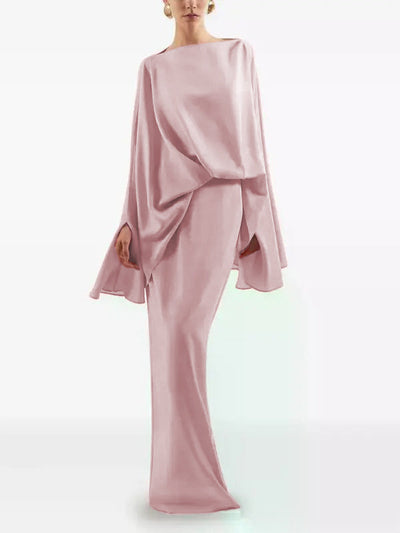 Batwing Sleeves Loose Solid Color Split-Joint Round-Neck Evening Dresses Maxi Dresses