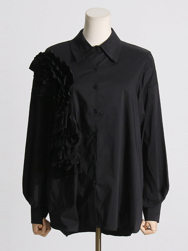 Long Sleeves Loose Asymmetric Buttoned Pleated Solid Color Split-Joint Three-Dimensional Flower Lapel Blouses&Shirts Tops