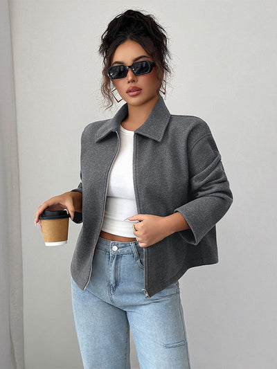Long Sleeves Loose Solid Color Zipper Lapel Outerwear