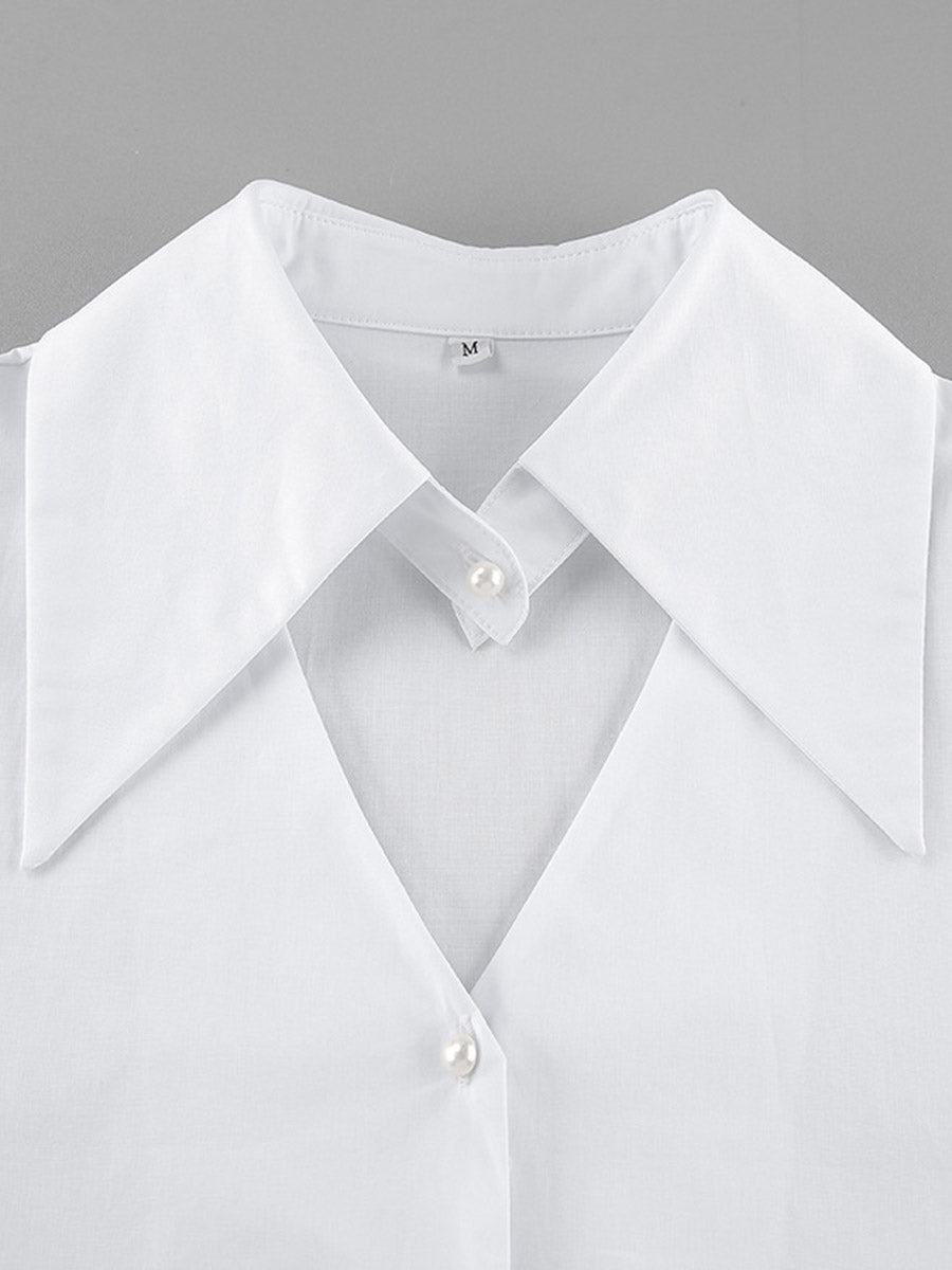 Flared Sleeves Long Sleeves Buttoned Hollow Pleated Solid Color Split-Joint Lapel Blouses&Shirts Tops