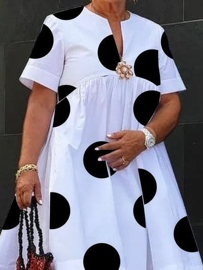 A-Line Short Sleeves Pleated Polka-Dot Printed Split-Joint Round-Neck Midi Dresses