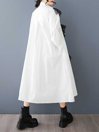 A-Line Long Sleeves Buttoned Split-Joint Lapel Midi Dresses Shirt Dress