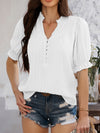 Flared Sleeves Half Sleeves Buttoned Ruffle Trim Solid Color V-Neck Blouses&Shirts Tops