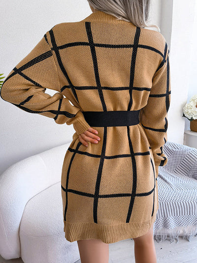 Elasticated Waist Long Sleeves Belted Contrast Color Plaid Round-Neck Mini Dresses Sweater Dresses
