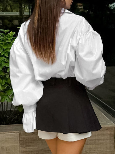 Flared Sleeves Long Sleeves Buttoned Pleated Solid Color Split-Joint Lapel Blouses&Shirts Tops