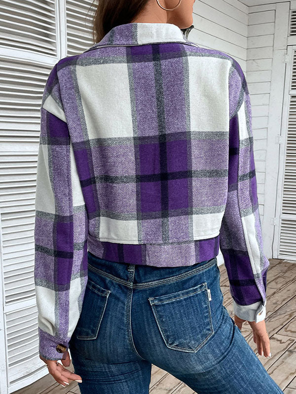 Long Sleeves Loose Buttoned Plaid Pockets Split-Joint Lapel Jackets Outerwear