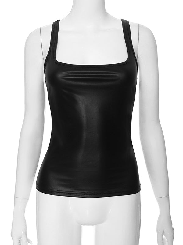 Skinny Sleeveless Shiny Solid Color Split-Joint Spaghetti-Neck Vest Top