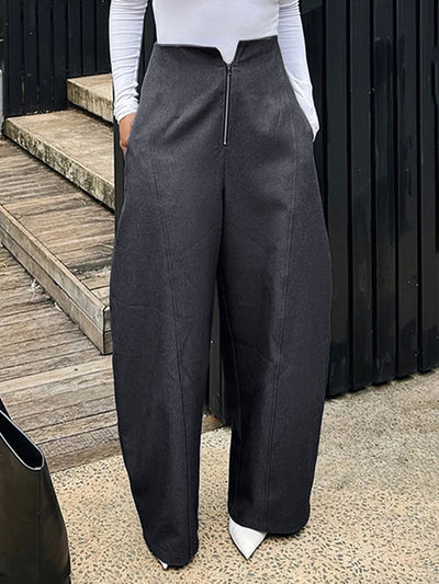 Loose Pockets Solid Color Zipper Pants Trousers