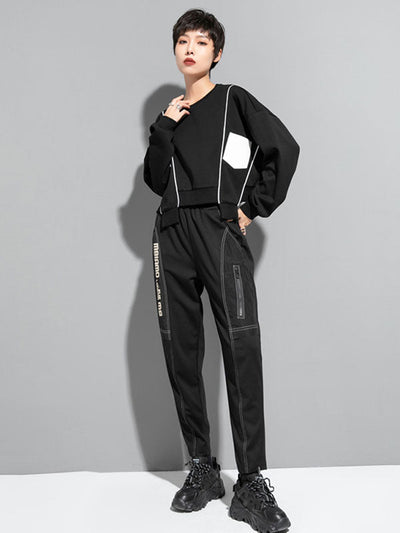 Original Creation Loose Batwing Sleeves Contrast Color Split-Joint Round-Neck Sweatshirt Tops