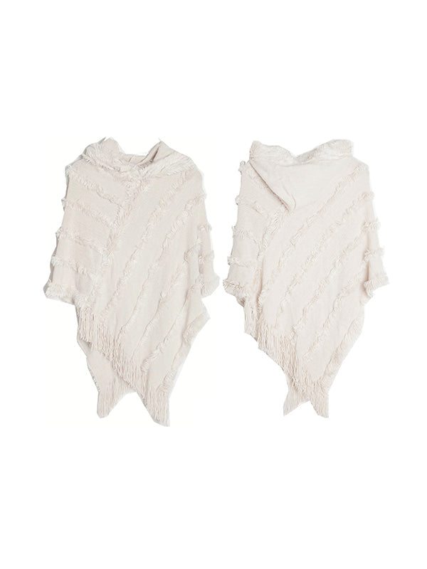 Hooded Keep Warm Solid Color Tasseled Cape Shawl&Cloak