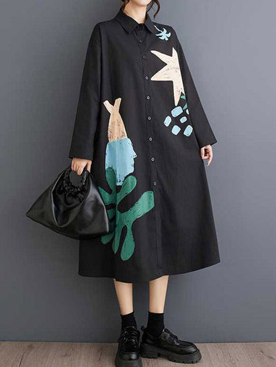 A-Line Long Sleeves Buttoned Pockets Printed Split-Joint Lapel Midi Dresses Shirt Dress