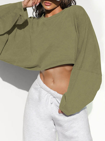 Long Sleeves Loose Solid Color Split-Joint Round-Neck Sweatshirt Tops