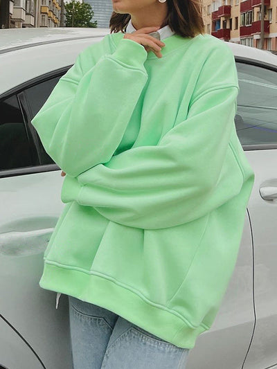Long Sleeves Loose Solid Color Round-Neck Sweatshirt Tops
