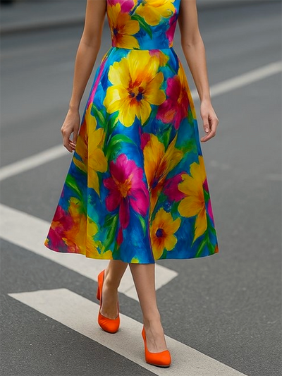 Sleeveless Contrast Color Flower Print Round-Neck Midi Dresses