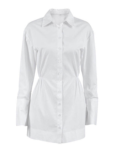 High Waisted Long Sleeves Buttoned Pleated Solid Color Lapel Mini Dresses Shirt Dress