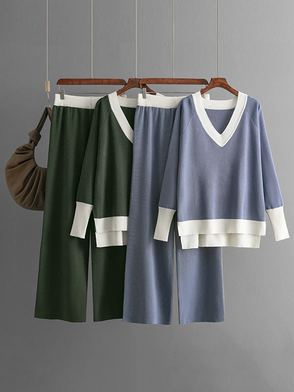 High-Low Contrast Color Split-Side V-Neck Sweater Tops + Elasticity Pants Trousers Two Pieces Set
