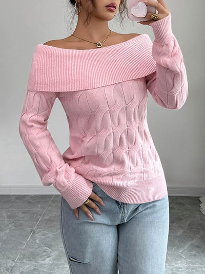 Long Sleeves Solid Color Split-Joint Off-The-Shoulder Pullovers Sweater Tops