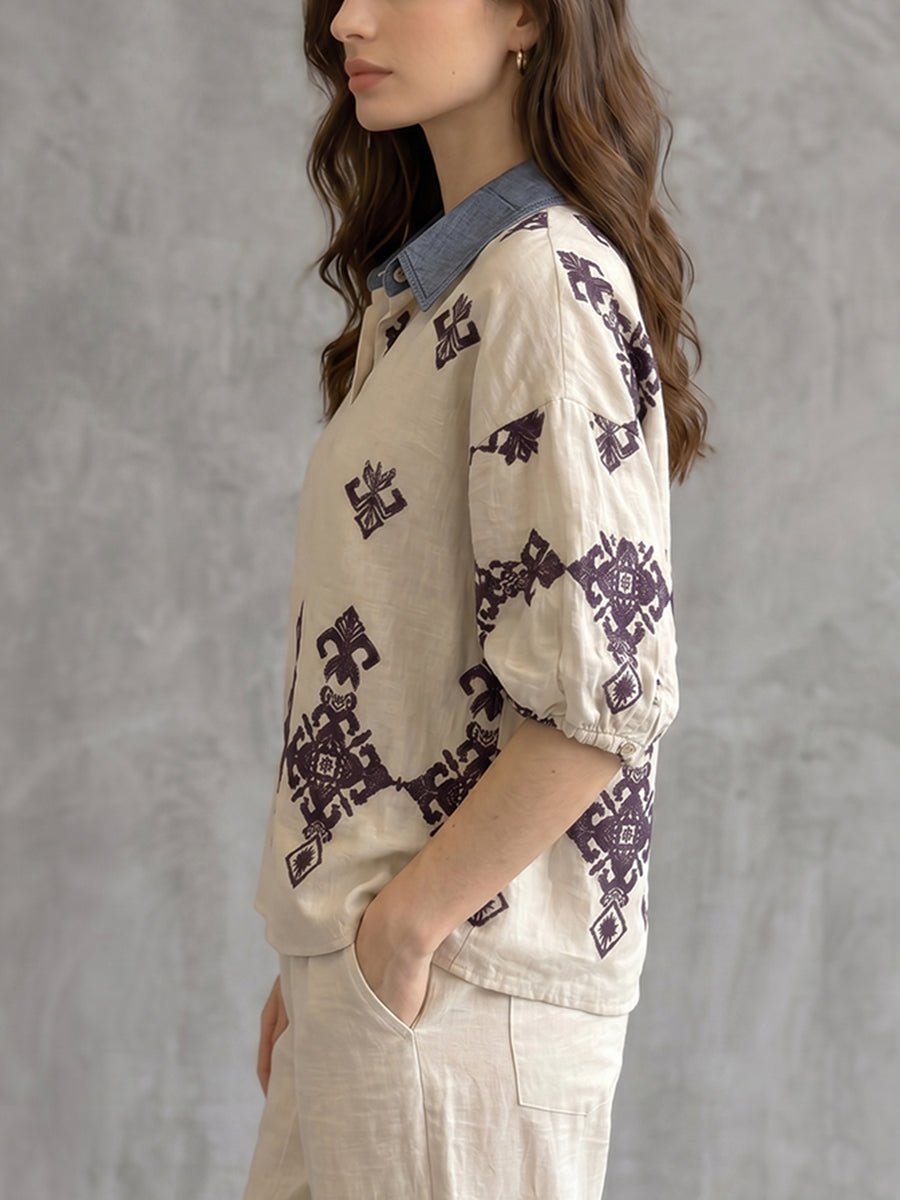 Half Sleeves Loose Buttoned Embroidered Printed Split-Joint Lapel Blouses&Shirts Tops