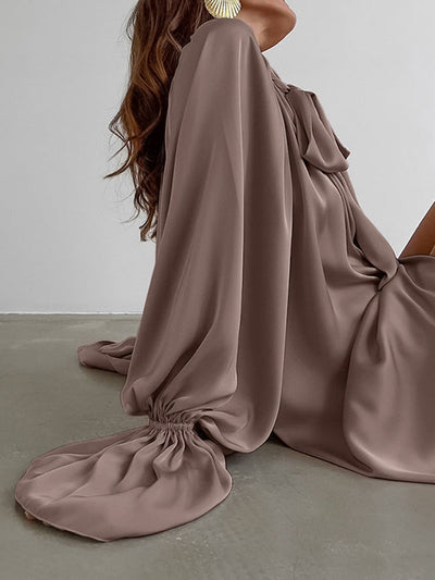 A-Line Flared Sleeves Buttoned Elasticity Pleated Solid Color Tied Zipper Stand Collar Mini Dresses