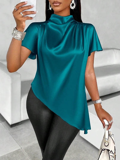 Loose Short Sleeves Asymmetric Solid Color Mock Neck Blouses&Shirts Tops