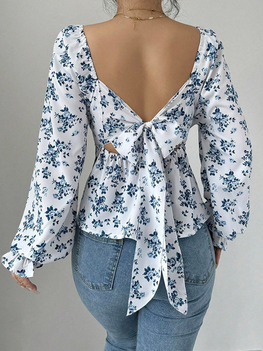 Elasticated Waist High Waisted Contrast Color Flower Print Pleated Ruffled Split-Joint Square-Neck Blouses&Shirts Tops