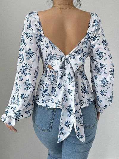 Elasticated Waist High Waisted Contrast Color Flower Print Pleated Ruffled Split-Joint Square-Neck Blouses&Shirts Tops