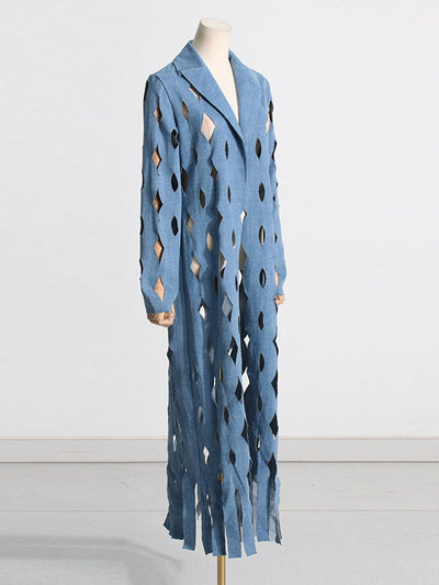 Long Sleeves Loose Hollow Solid Color Tasseled Notched Collar Denim Outerwear