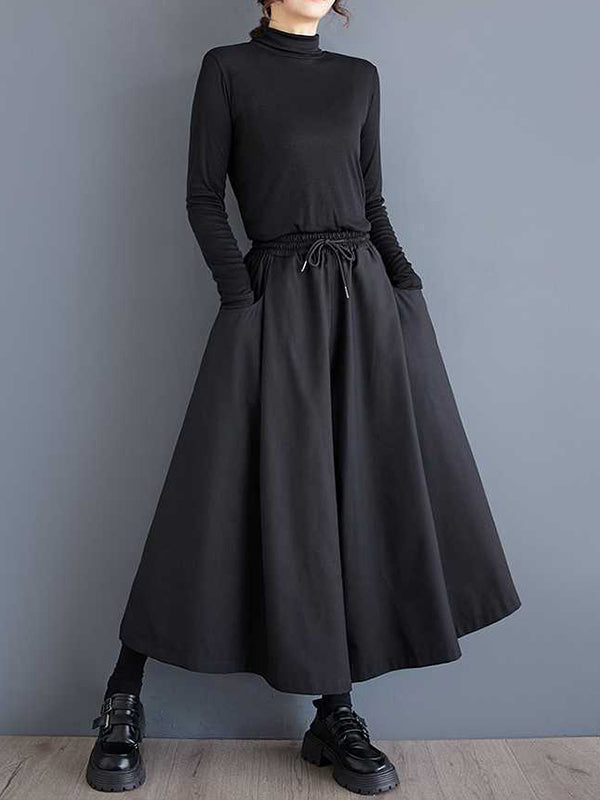 A-Line High Waisted Drawstring Elasticity Pockets Solid Color Culotte Pants