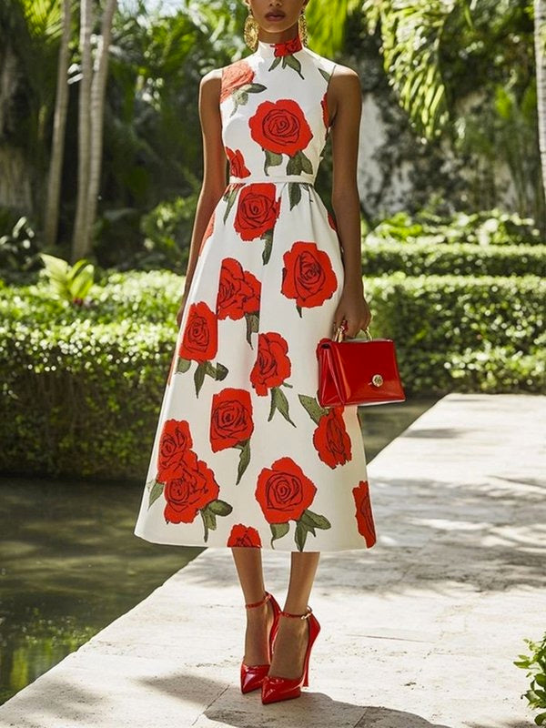 Skinny Sleeveless Flower Print Stand Collar Midi Dresses