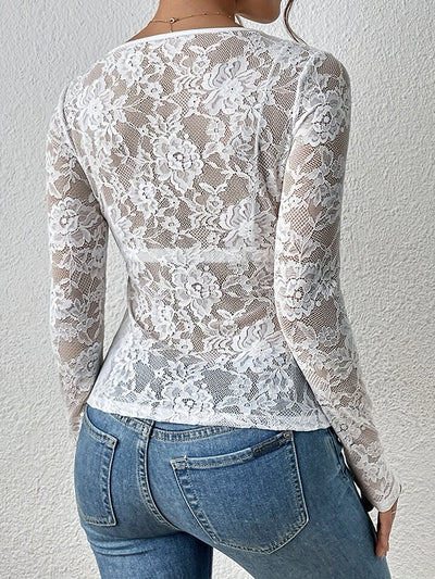 Long Sleeves Skinny Lacy See-Through Solid Color V-Neck T-Shirts