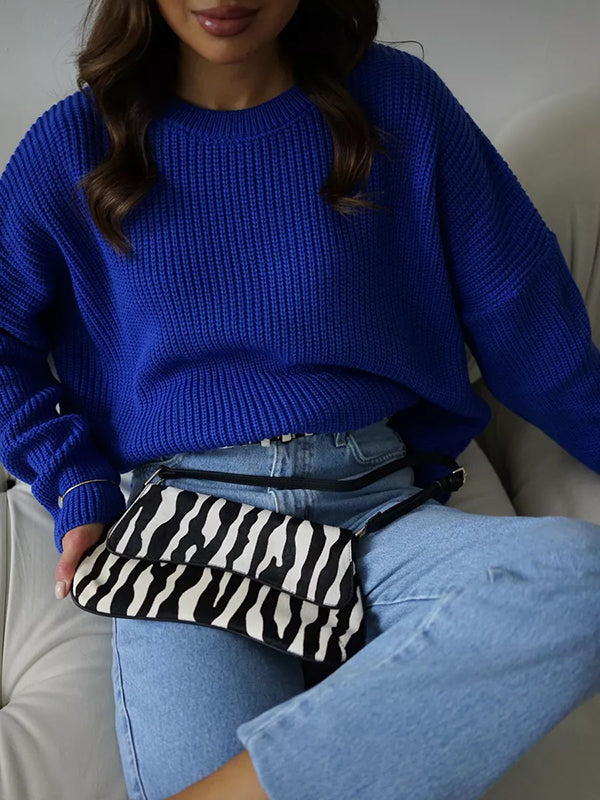 Long Sleeves Loose Solid Color Split-Joint Round-Neck Sweater Tops