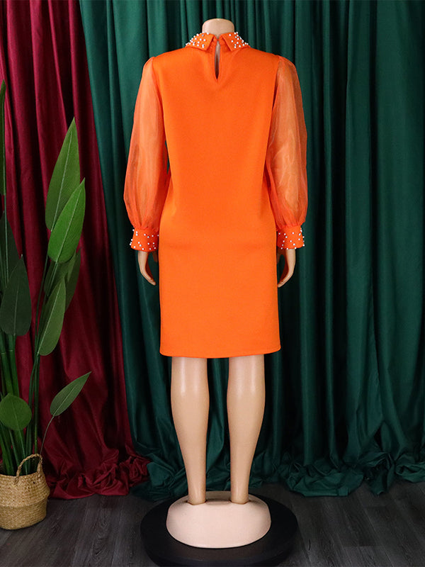 Puff Sleeves Beads Mesh Solid Color Split-Joint Round-neck Midi Dresses