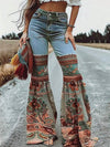 Flared Pants Floral Printed High-Waisted Pockets Jean Pants Bottoms