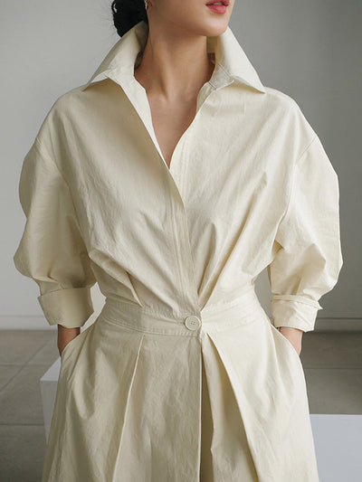 Long Sleeves Loose Buttoned Solid Color Lapel Midi Dresses
