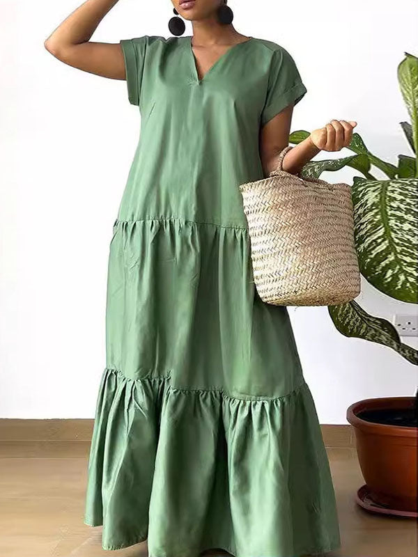 A-Line Loose Pleated Solid Color Split-Joint V-Neck Maxi Dresses