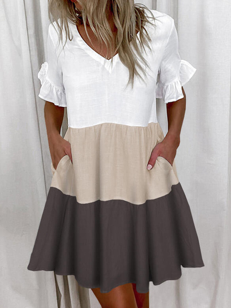 A-Line High Waisted Contrast Color Pleated Pockets Printed Split-Joint V-Neck Midi Dresses