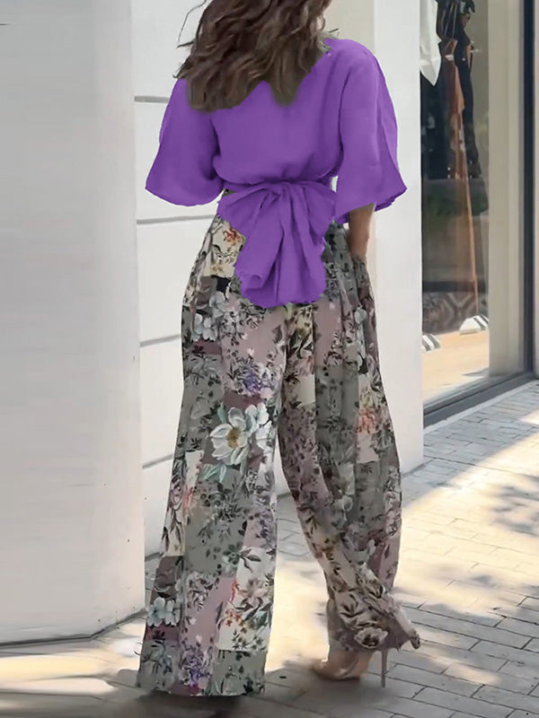 Wide Leg Bandage Bowknot Floral Printed Pockets Shirts Tops&Pants Suits