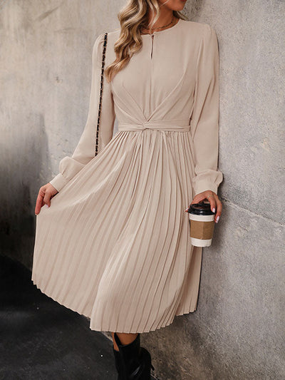 Long Sleeves Loose Pleated Solid Color Split-Joint Tied Waist Round-Neck Midi Dresses