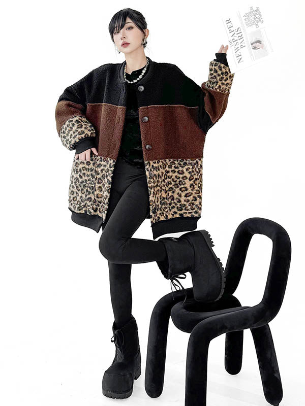 Long Sleeves Loose Buttoned Contrast Color Reversible Split-Joint Round-Neck Cardigan Tops Outerwear