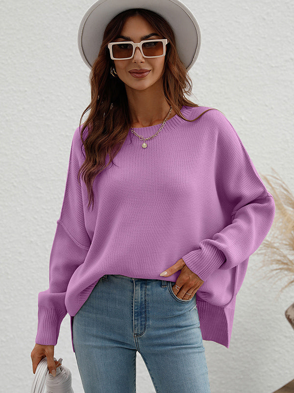 Casual Long Sleeves Loose Split-Side Solid Color Round-Neck Sweater Tops