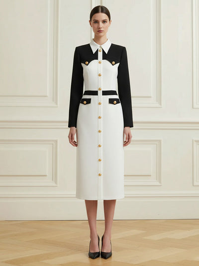 Long Sleeves Buttoned Contrast Color Split-Joint Lapel Midi Dresses