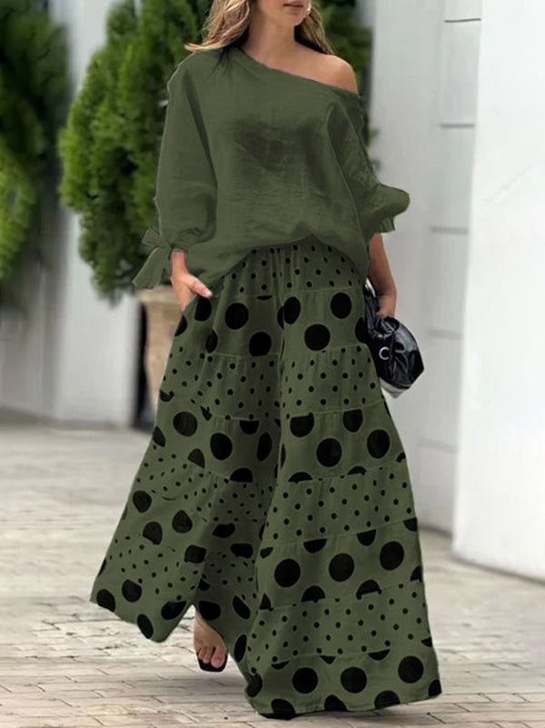 High Waisted Loose Contrast Color Elasticity Pockets Polka-Dot Split-Joint Pants Trousers