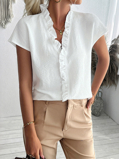 Loose Short Sleeves Ruffle Trim Solid Color V-Neck Blouses&Shirts Tops