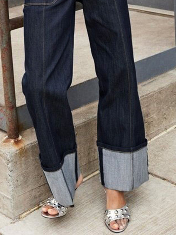 High Waisted Straight Leg Contrast Color Split-Joint Jean Pants Bottoms