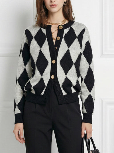 Long Sleeves Buttoned Plaid Round-Neck Cardigan Tops