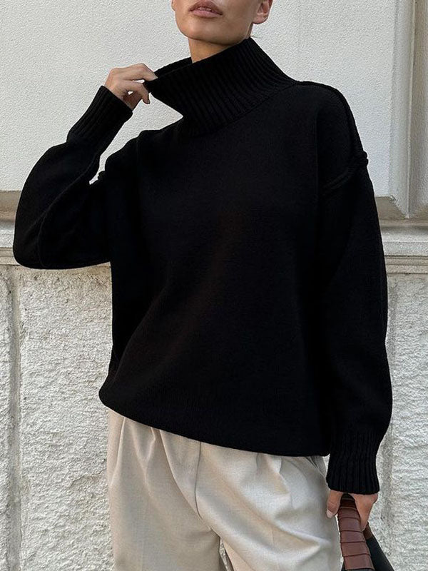 Long Sleeves Loose Solid Color Split-Joint High Neck Pullovers Sweater Tops