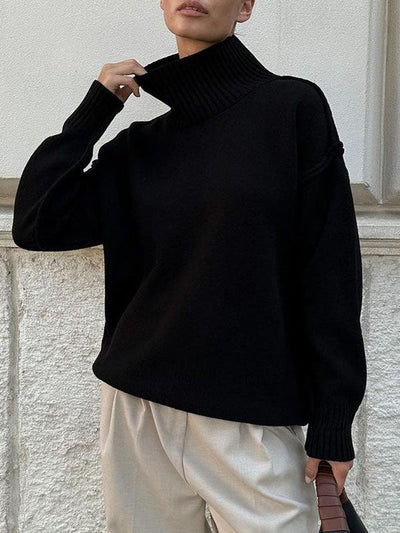 Long Sleeves Loose Solid Color Split-Joint High Neck Pullovers Sweater Tops