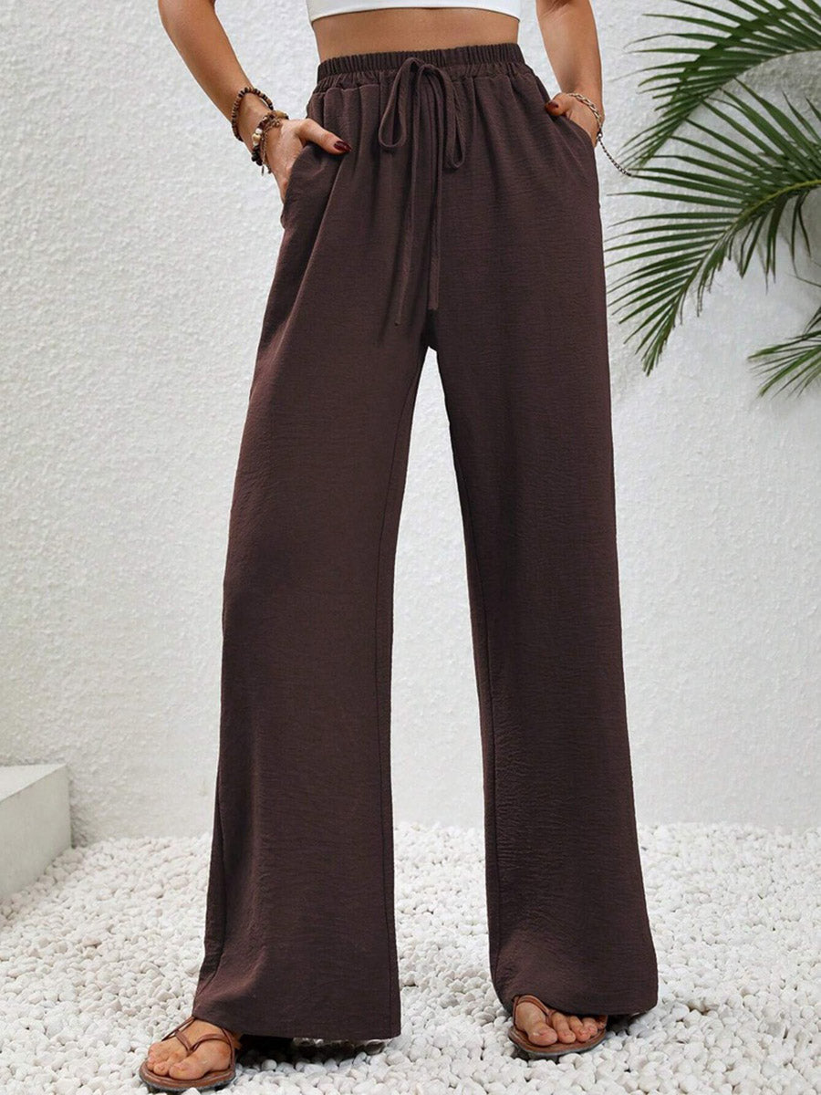 High Waisted Loose Elasticity Pleated Solid Color Tied Waist Pants Trousers